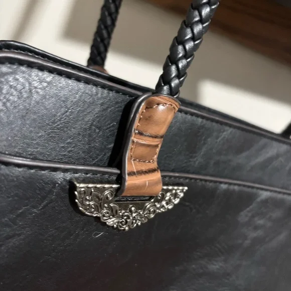 Mixed Media Black Brown Faux Leather Tote Shoulder Purse Document Bag Embossed - Picture 8 of 14